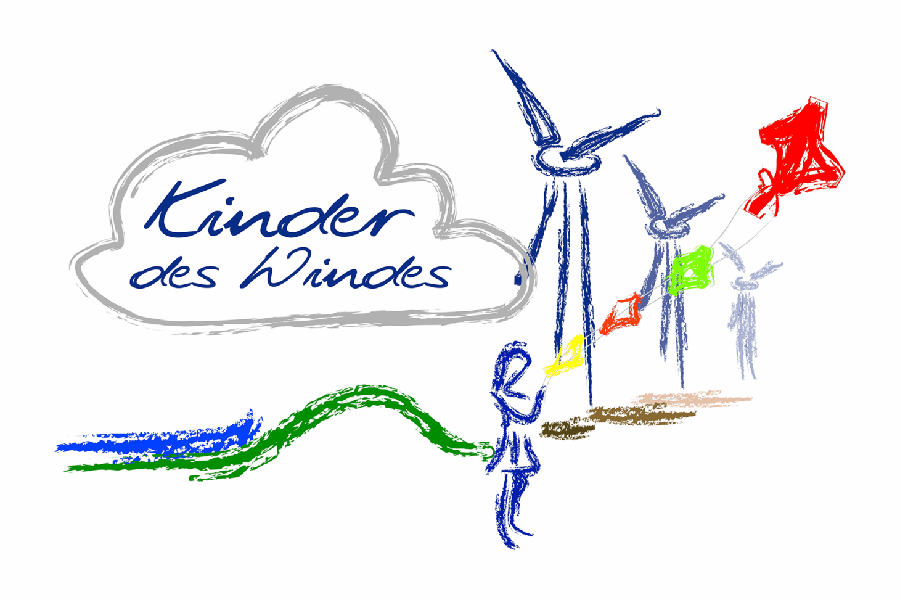 Hebbel Campus Foerderer Kinder Des Windes Gezeichnete Szene mit drei Windrädern, einem Kind mit Drachen und einer geschwungenen Landschaftslinie. Links eine Wolke mit der Aufschrift "Kinder des Windes". Farben: Blau, Grün, Rot und Braun.
