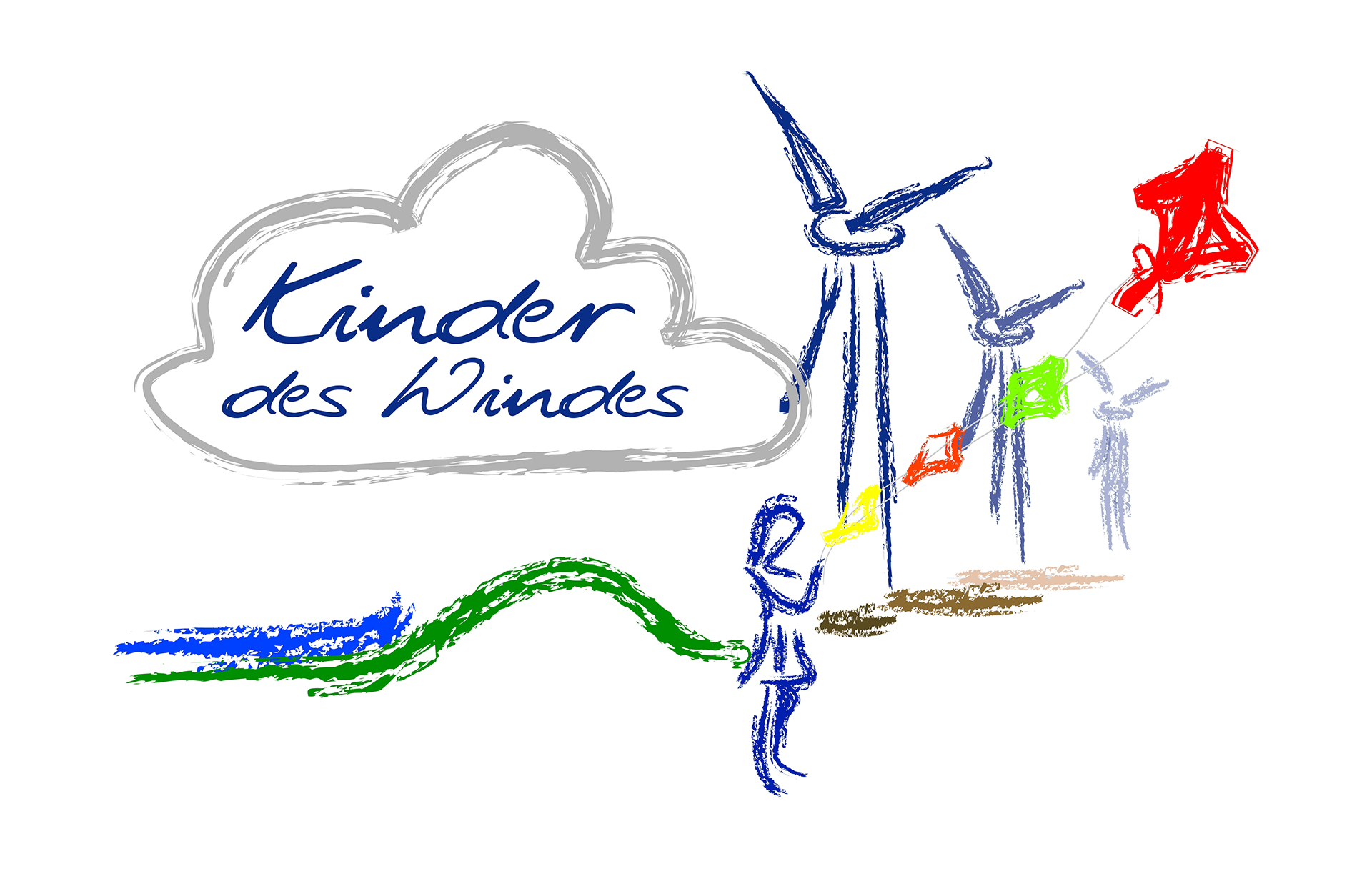 Hebbel Campus Foerderer Logo Kinder Des Windes Eine Illustration zeigt Windräder und einen Menschen, der Drachen steigen lässt. Links ist eine Wolke mit dem Schriftzug „Kinder des Windes“. Farbige Linien symbolisieren Landschaft und Drachen.